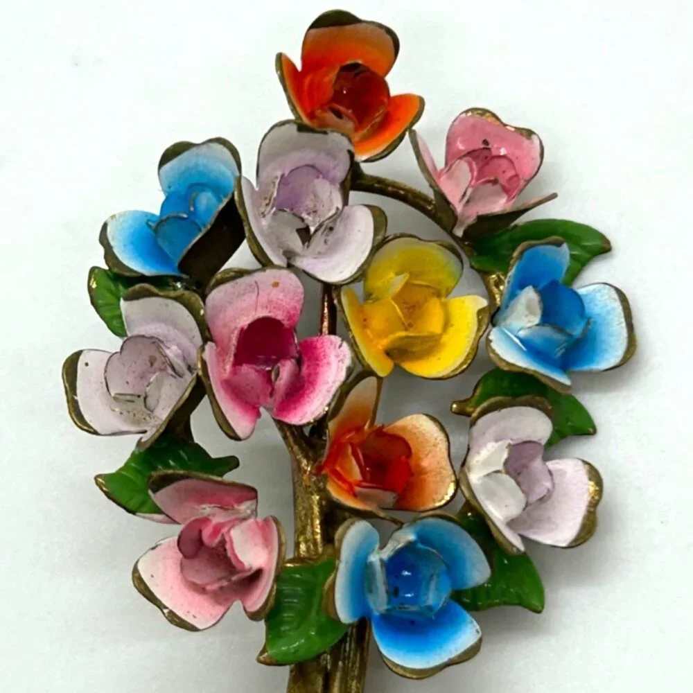 Vintage Austrian Enamel Flower Bouquet Brooch Hand Painted Multicolor Floral - Picture 4 of 16